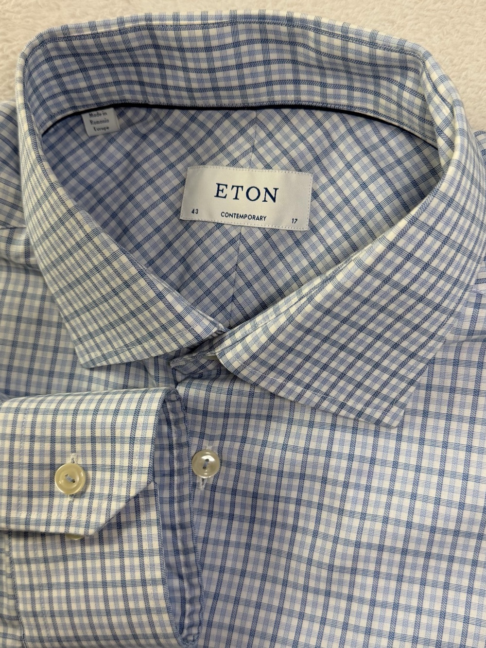 Eton Signature Twill Contemporary Fit Blue Check Shirt 43 17
